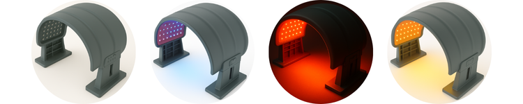 Four LED lights in different colors on a white background