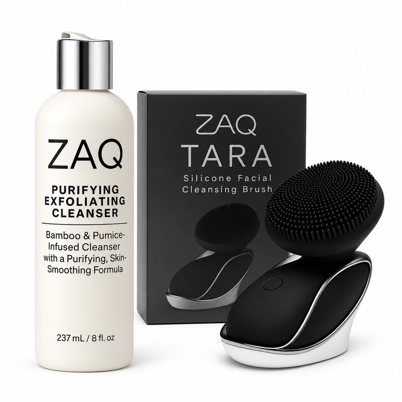 ZAQ Cleanse & Smooth Duo – TARA Facial Cleansing Brush + Purifying Exfoliating Cleanser