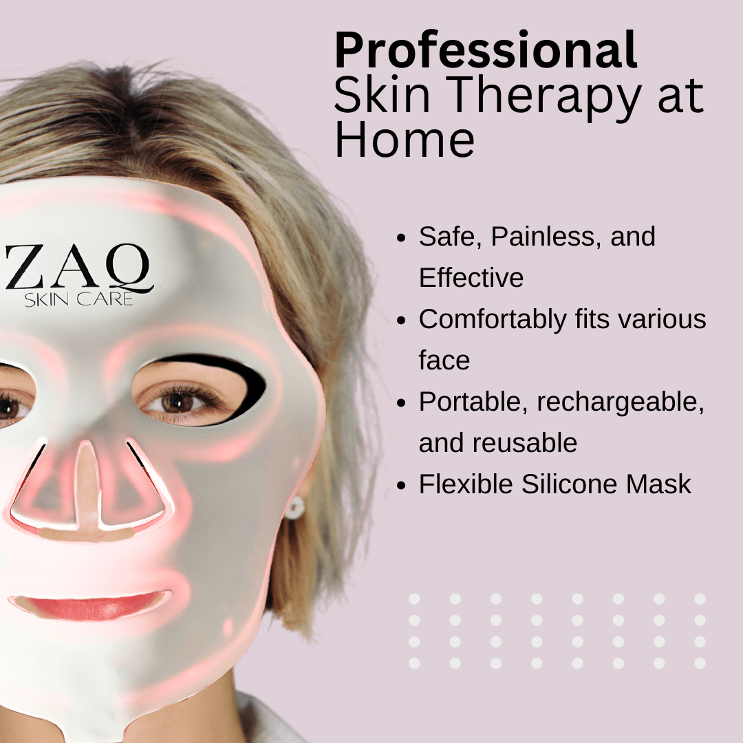 Woman wearing ZAQ Noor red light therapy mask for anti-aging and acne