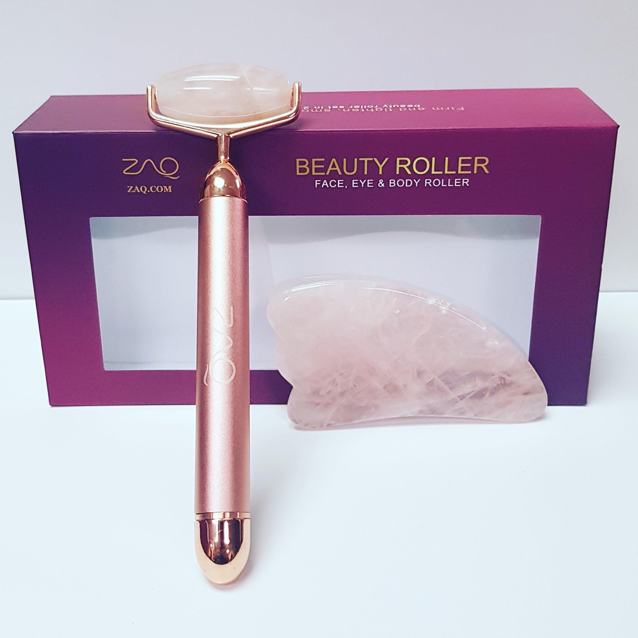 Roll-On Rose Quartz W-Sonic Vibrating Face Roller + Gus Sha Set - ZAQ