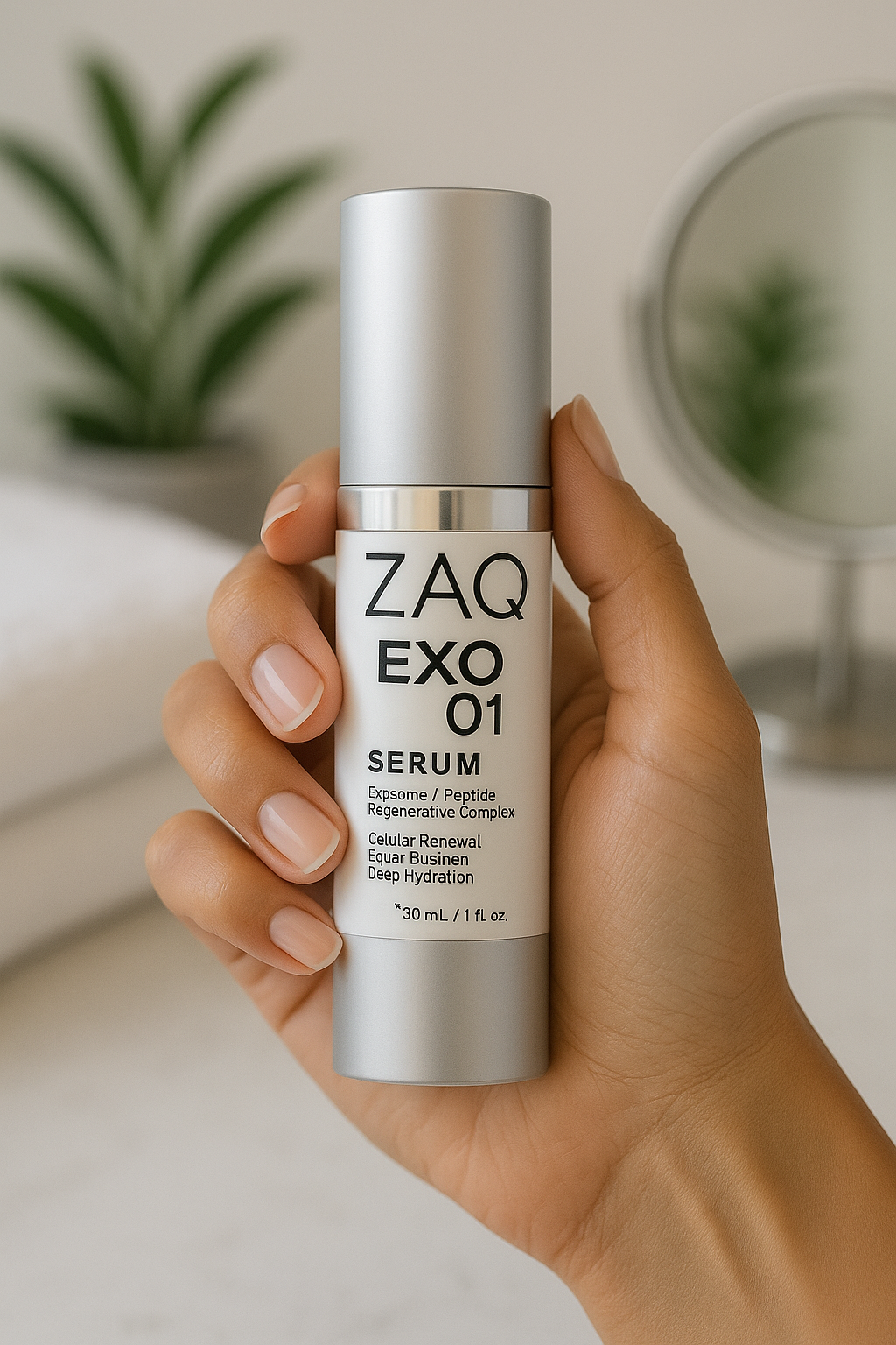ZAQ EXO 01 Exosome & Peptide Serum beside a red light therapy wand