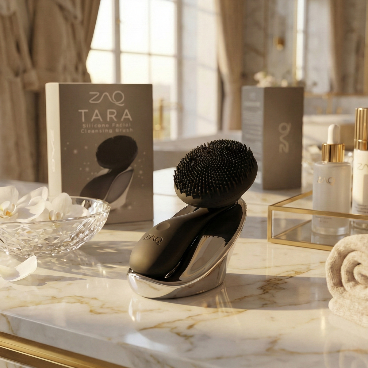 Makeup brushes and ZAO products on a marble surface with a decorative background