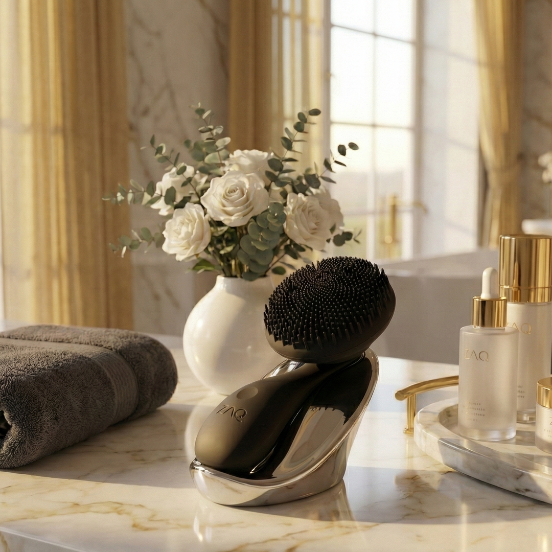 Bathroom counter with skincare products, a brush, and flowers on a marble surface.