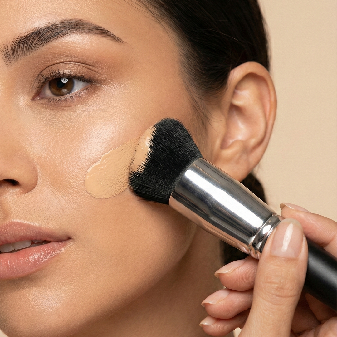 Woman having makeup applied with a brush on a beige background