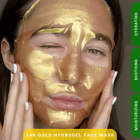 Woman wearing a 24K gold hydrogel face mask with text indicating benefits on a dark background