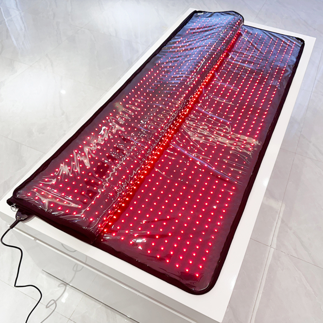 Red LED light panel on a white surface