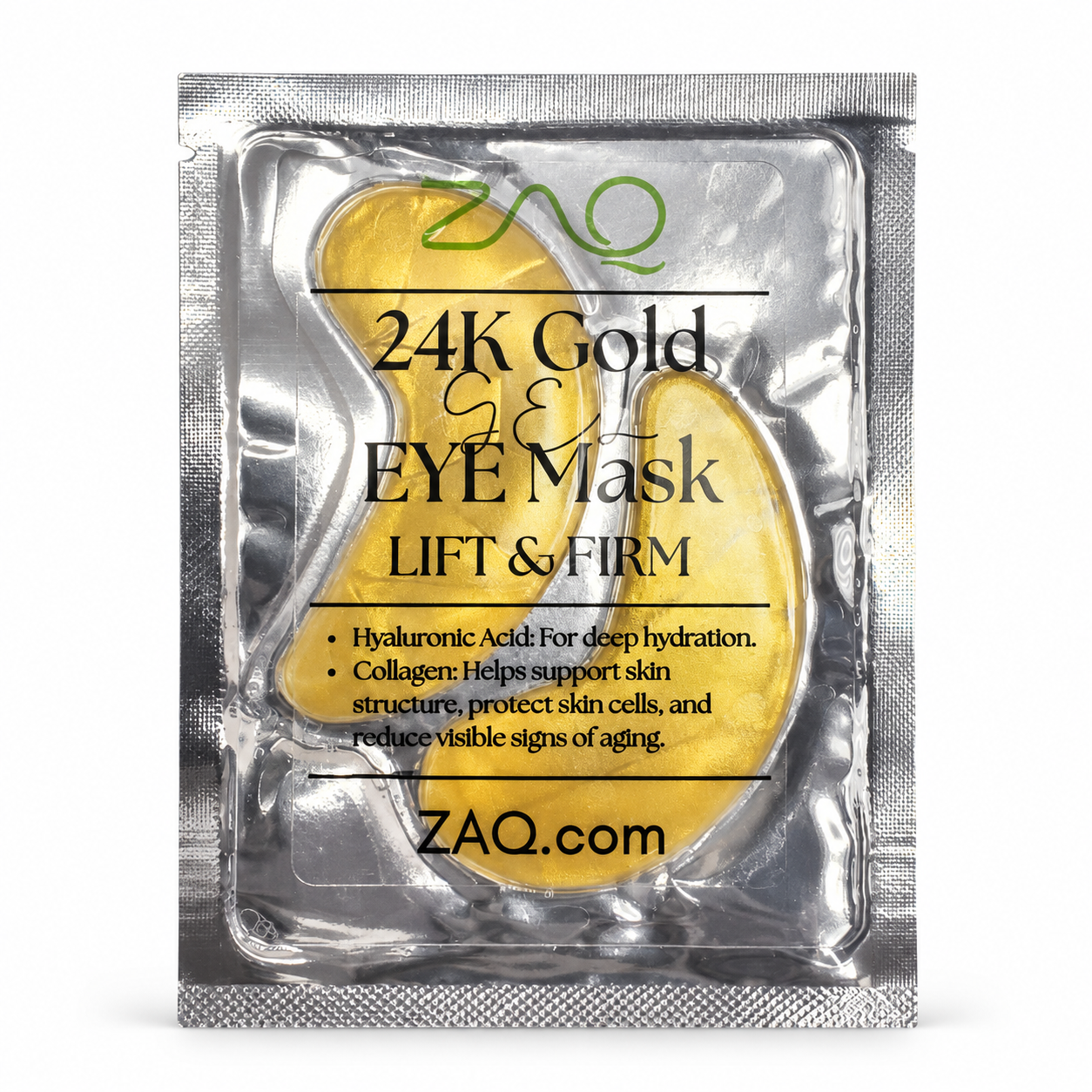 ZAQ 24K Gold Gel Eye Mask in a silver foil pouch with a yellow gel patch visible through the clear front window.