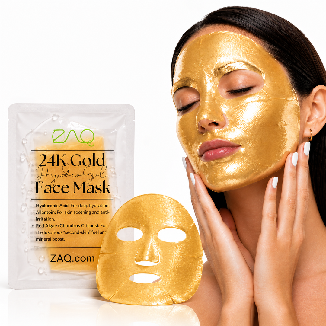 Hydrogel 24K Gold Face Mask | Hyaluronic Acid, Vitamin C and E – ZAQ Hydrogel 24K Gold Face Mask | Hyaluronic Acid, Vitamin C and E – ZAQ