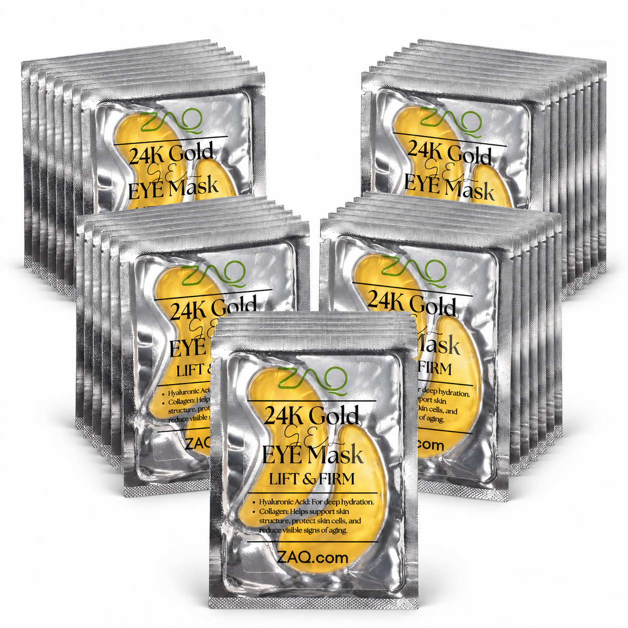 A pack of silver foil eye mask packets arranged in rows. The front packet is upright and shows a yellow label reading '24K Gold ZH Bio-Electronic EYE Mask LIFT & FIRM' with 'ZHO' and 'ZHOQ.
