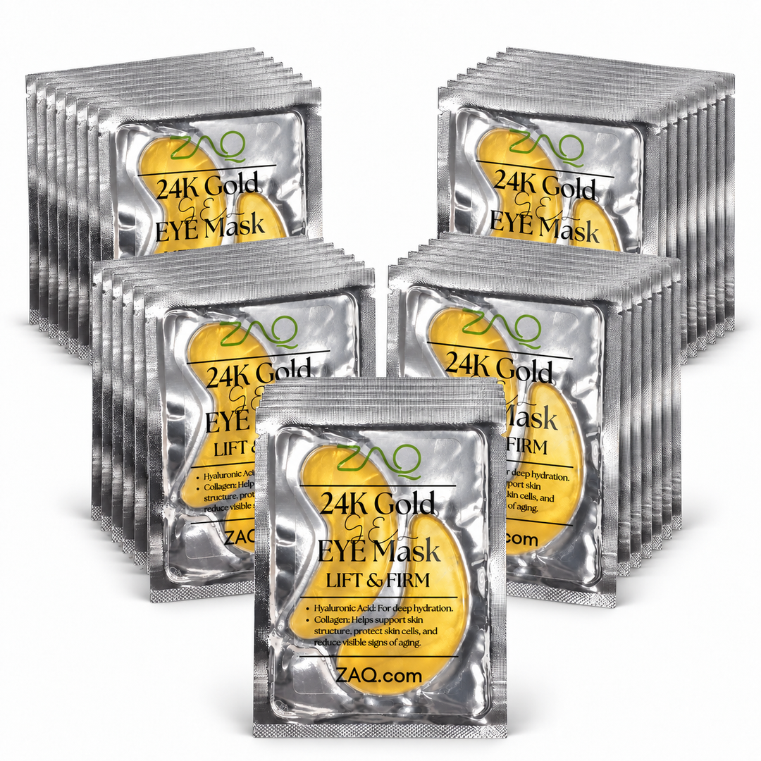 A pack of silver foil eye mask packets arranged in rows. The front packet is upright and shows a yellow label reading '24K Gold ZH Bio-Electronic EYE Mask LIFT & FIRM' with 'ZHO' and 'ZHOQ.