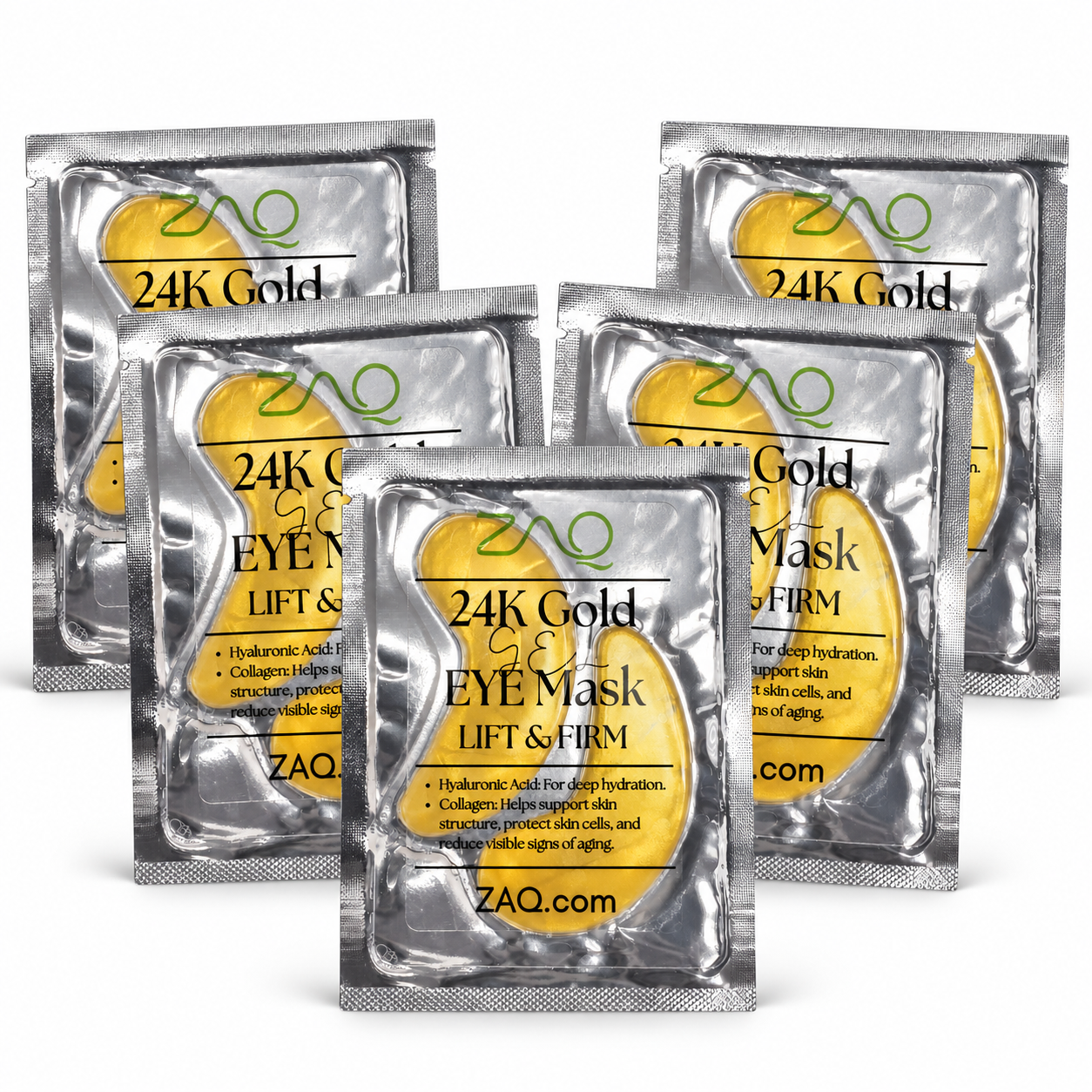Six silver foil sachets of ZAQ 24K Gold Eye Mask Lift & Firm arranged in a fan-like layout on a white background.