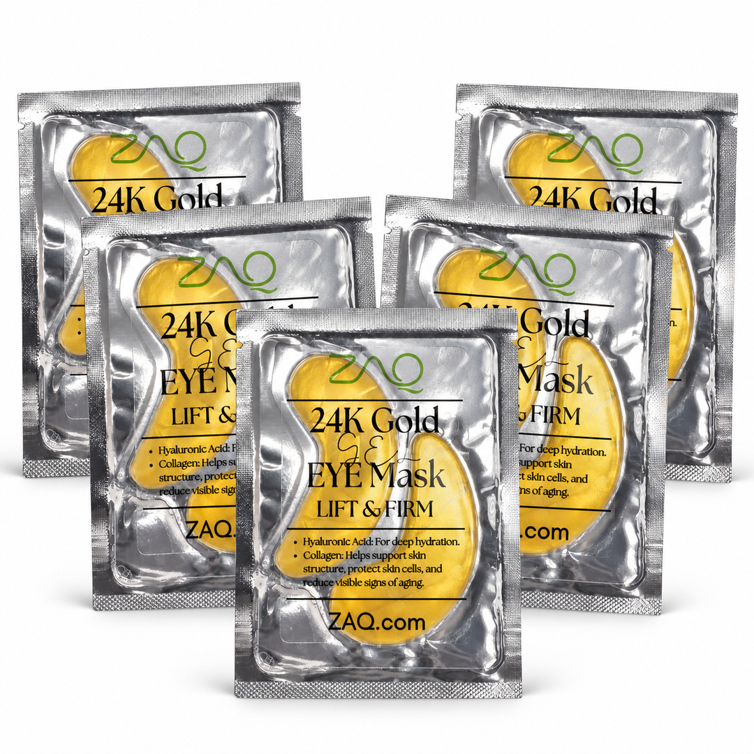 Six silver foil sachets of ZAQ 24K Gold Eye Mask Lift & Firm arranged in a fan-like layout on a white background.