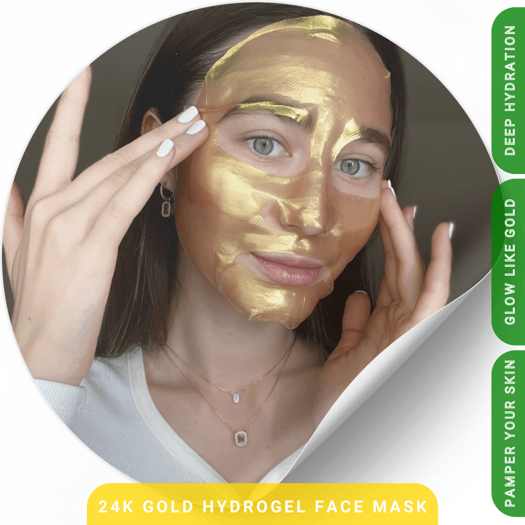 Woman wearing a 24K gold hydrogel face mask with promotional text on the side.