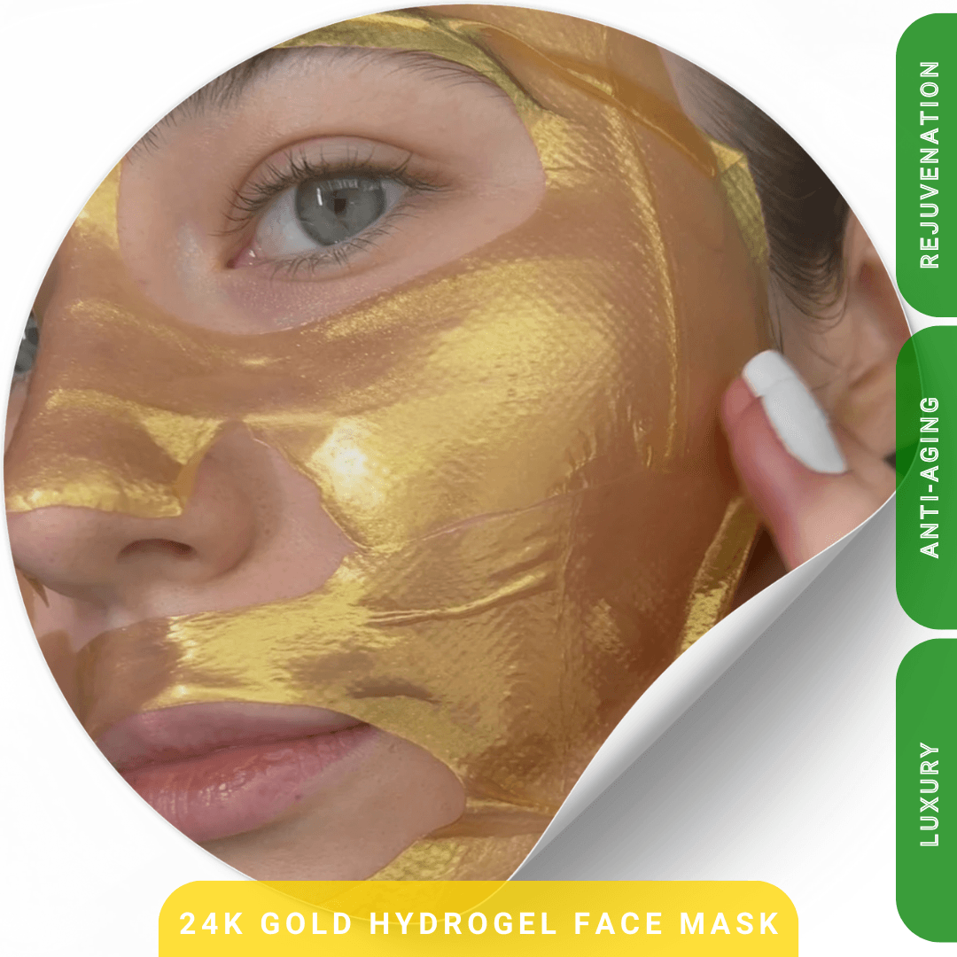 Woman wearing a gold hydrogel face mask with text indicating rejuvenation, anti-aging, and luxury.
