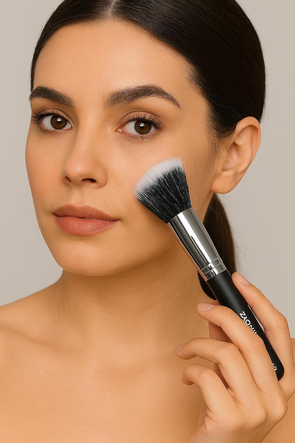 Woman applying makeup with a brush on a neutral background