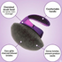 Purple grooming brush with gray bristle head on a purple background, featuring text about its features.