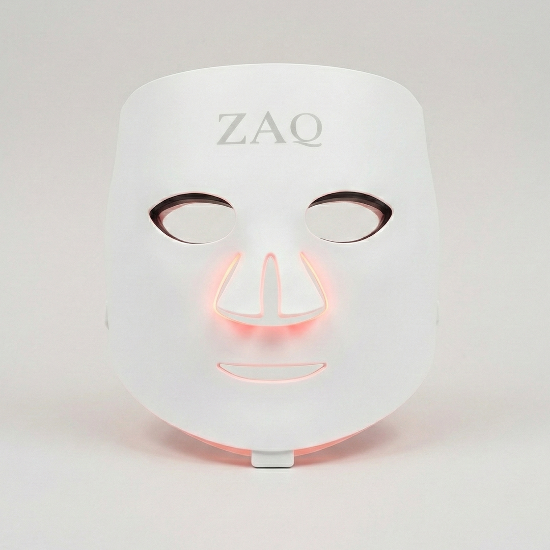 White LED face mask with 'ZAQ' branding on a light gray background