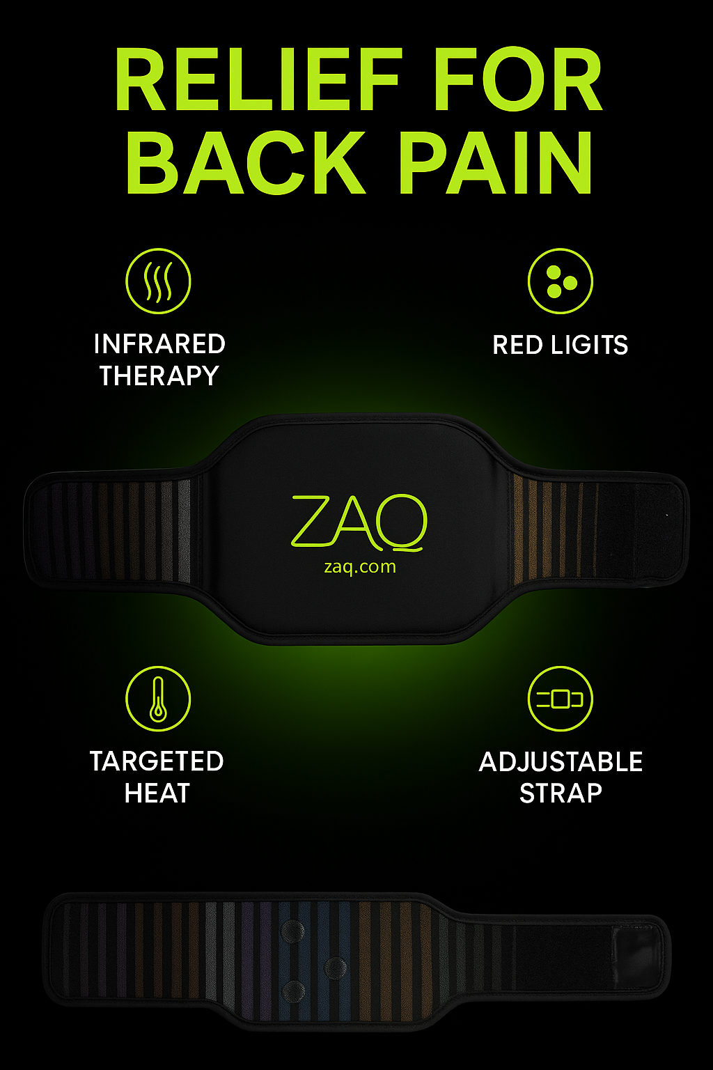 Back pain relief device with ZAQ branding on a dark background