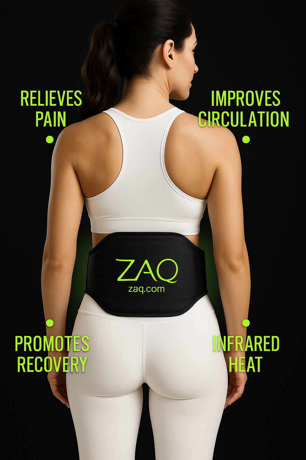 Woman wearing a ZAQ back brace with text highlighting benefits on a black background