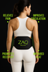 Woman wearing a ZAQ back brace with text highlighting benefits on a black background
