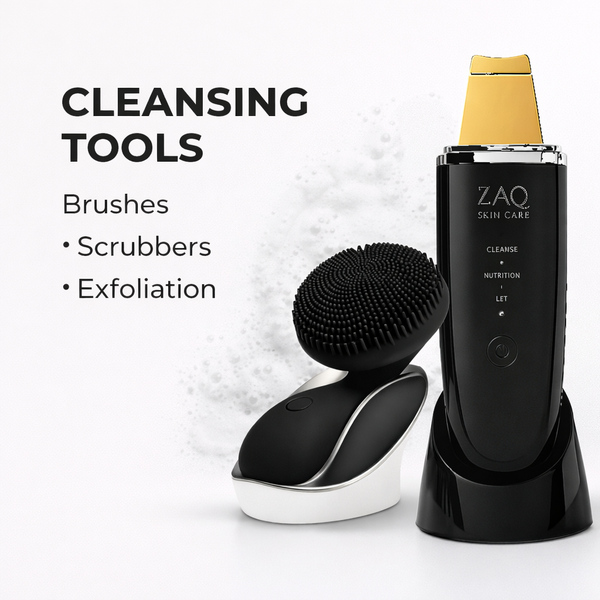 ZAQ skin care cleansing tools including brushes, scrubbers, and exfoliation device on a white background.