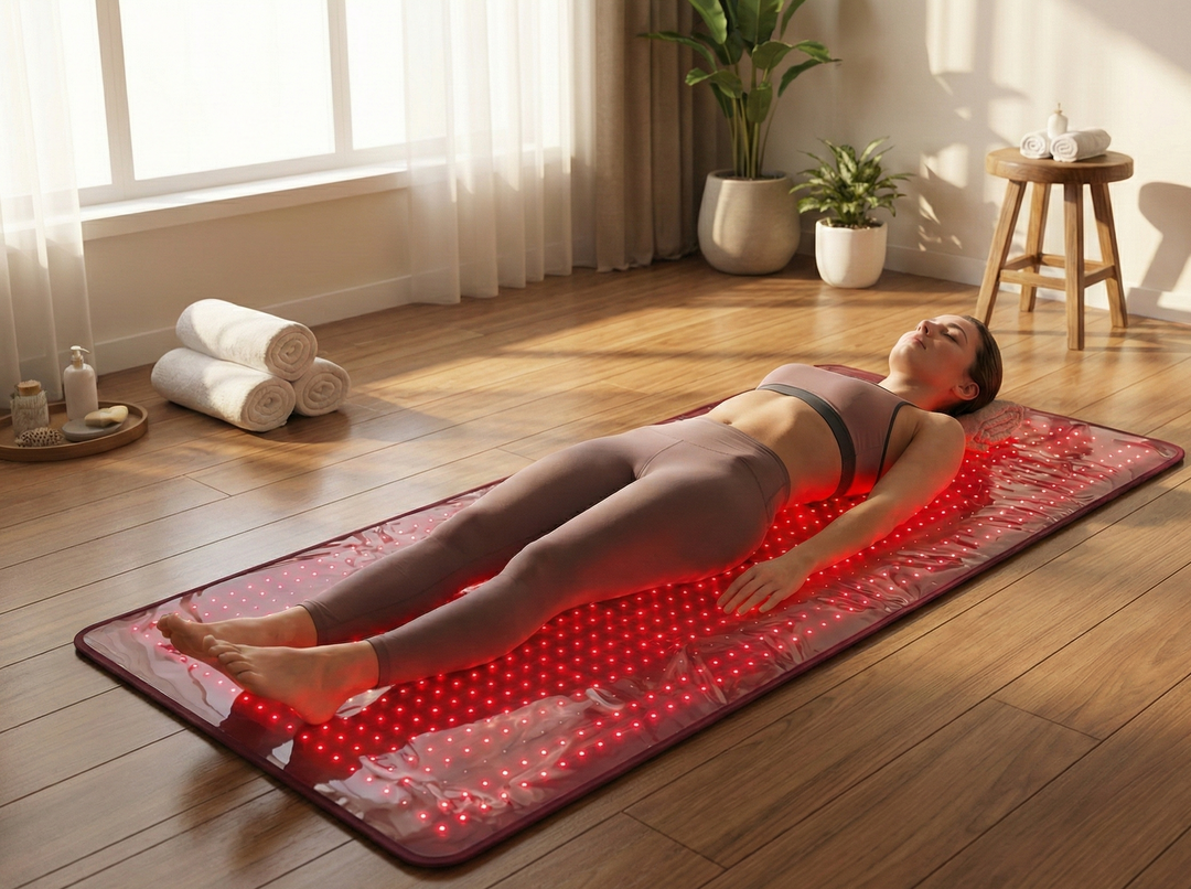 Person lying on a red acupressure mat in a bright room with plants and a stool.