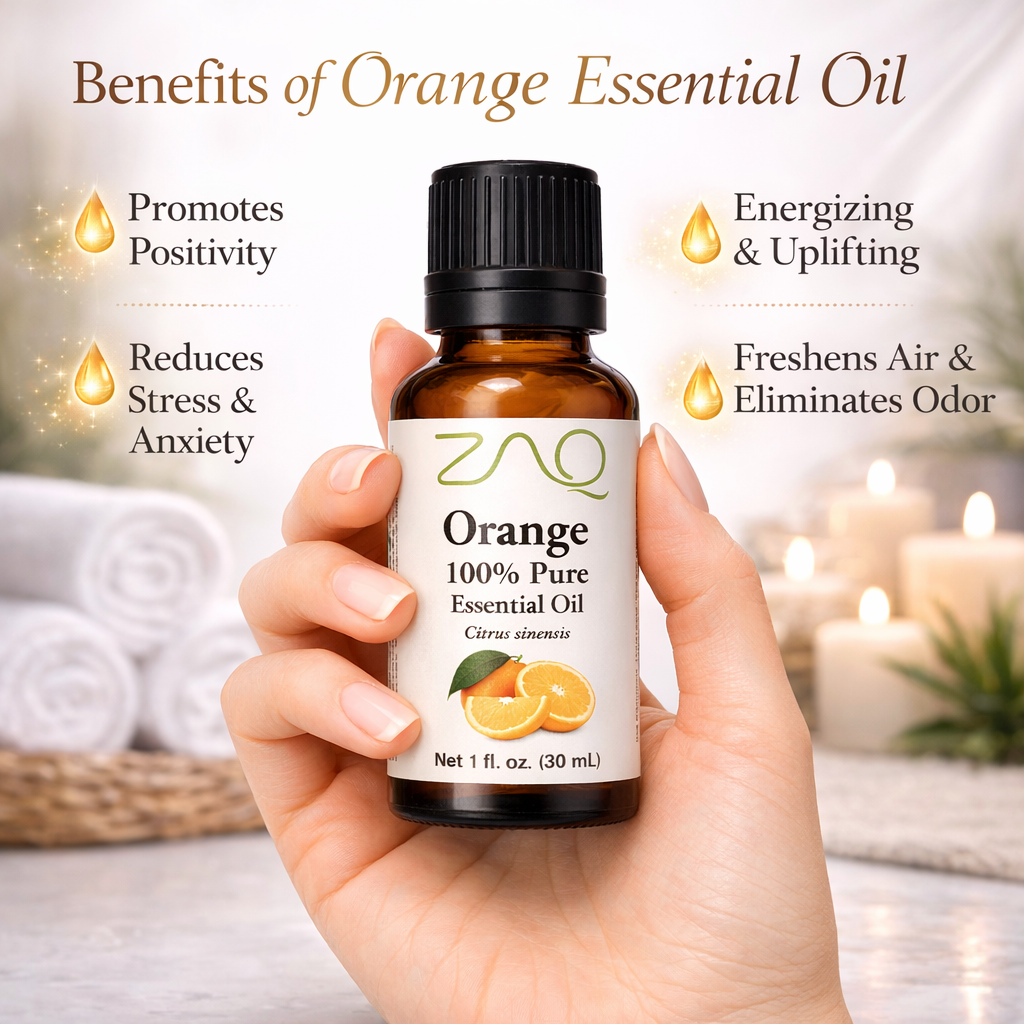 ZAO Orange essential oil bottle held in a hand with benefits listed above.