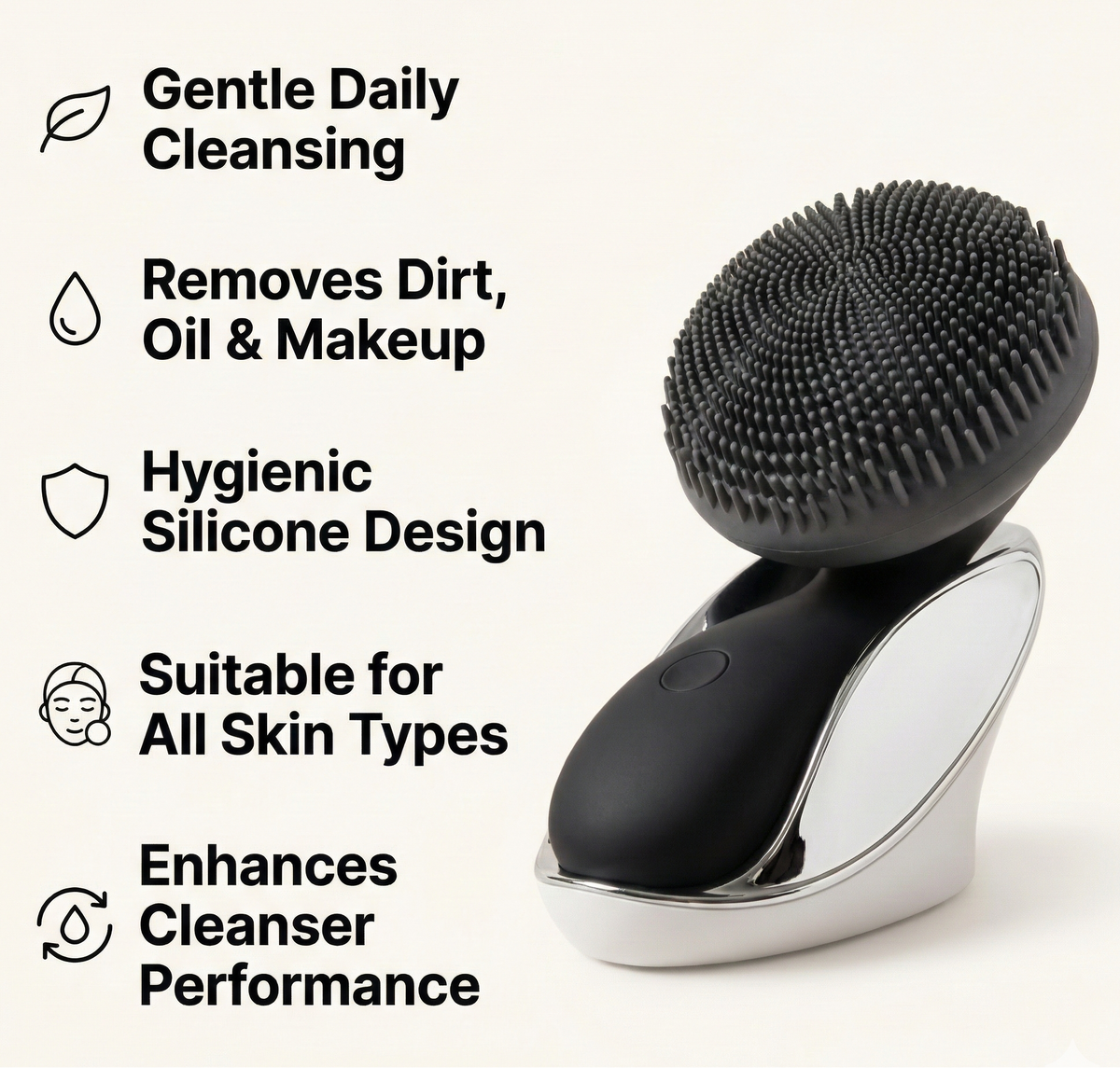 Black and silver cleansing device with text highlighting its features on a white background