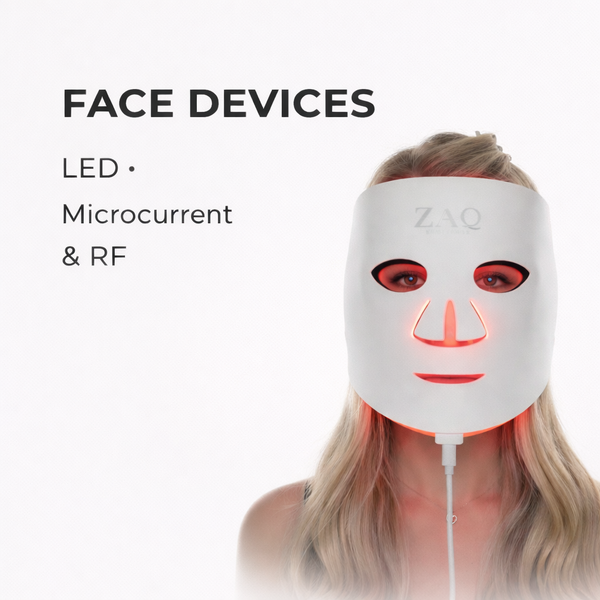 Woman wearing a ZAO face device with LED, microcurrent, and RF technology on a white background.