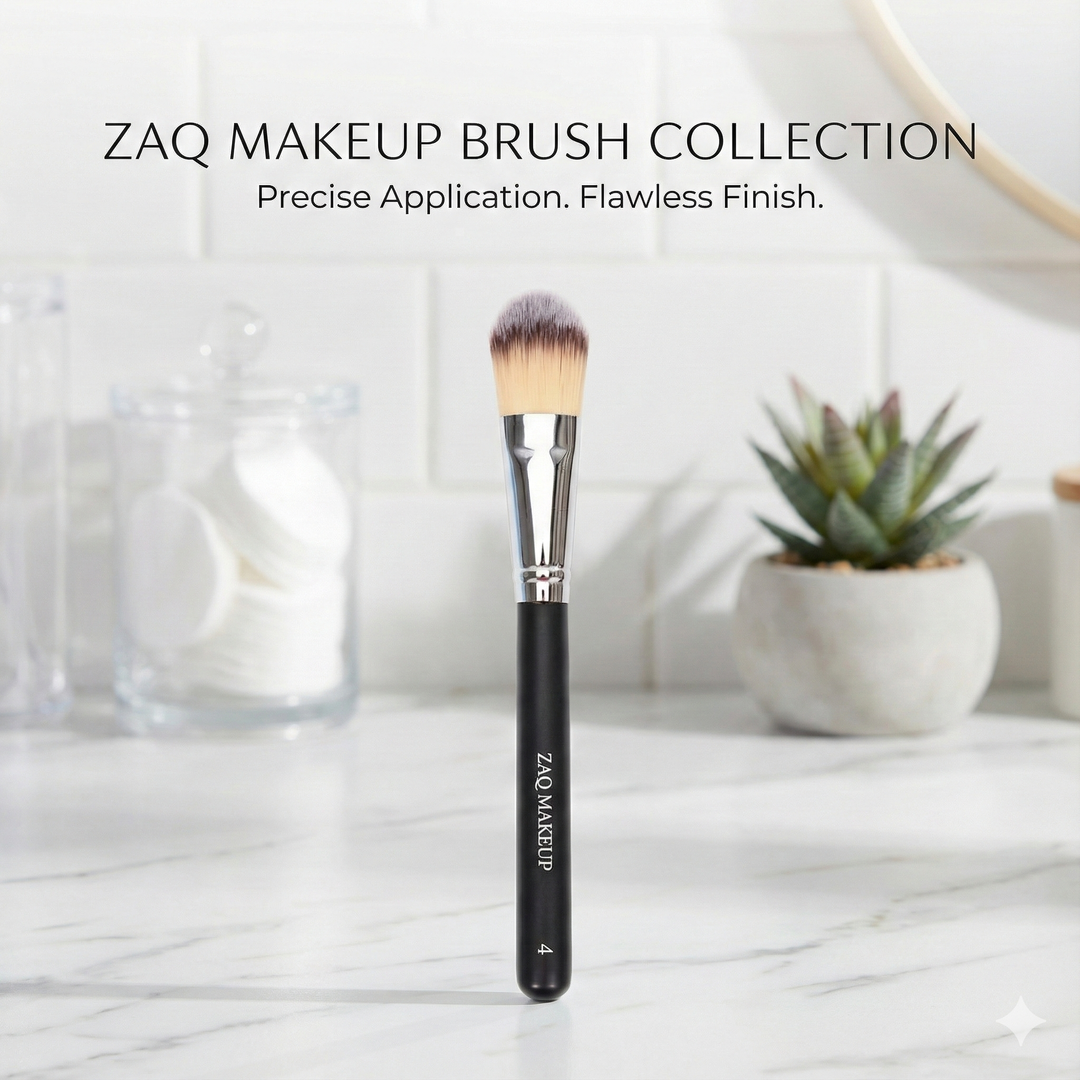 Makeup brush with black handle and silver ferrule on a white surface, ZAQ Makeup branding visible.