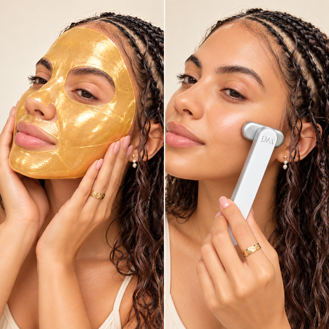 A split-screen beauty shot showing a woman with a shiny gold facial mask on the left and using a white handheld facial device on the right. She has dark curly hair in braids and is wearing gold rings against a light beige background.