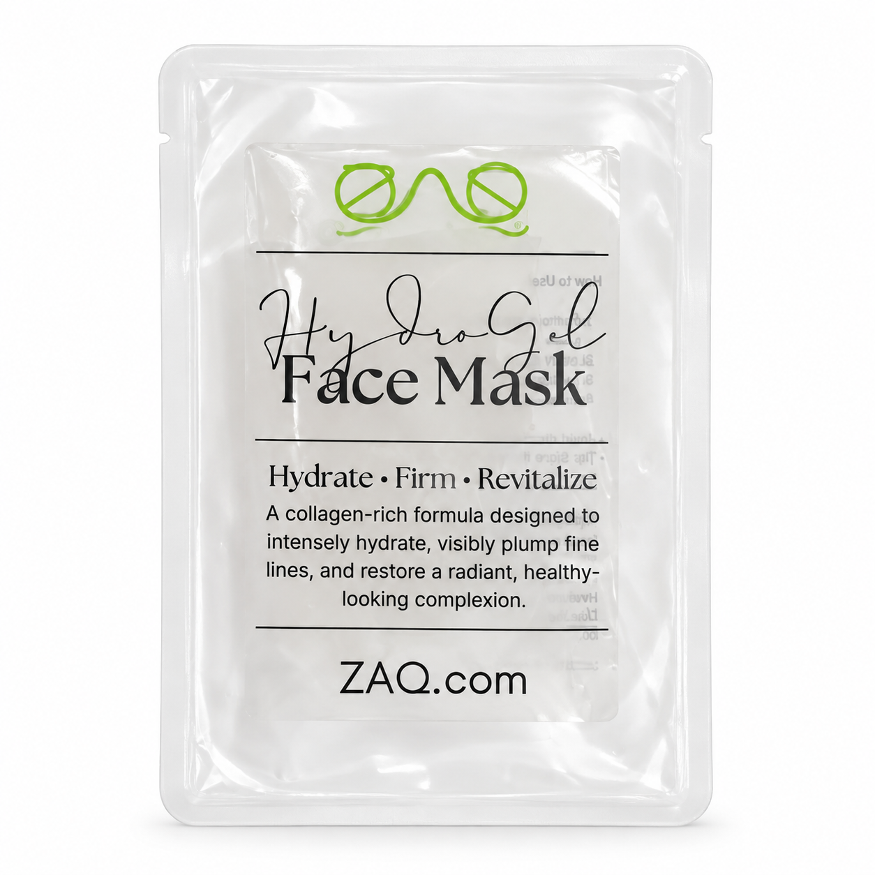 ZAQ. All of You Hydra Gel Face Mask in a clear stand-up pouch with a white label and green logo, shown on a white background.