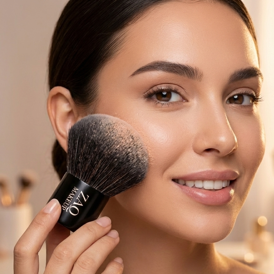 Woman holding a makeup brush with a blurred background