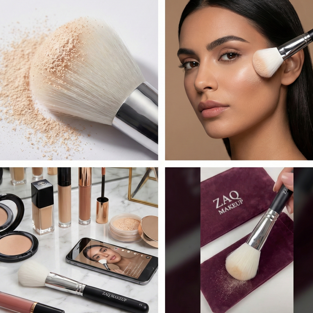 Collage of makeup products and application with ZAO branding.