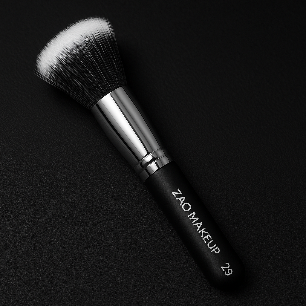 Makeup brush with ZAO MAKEUP branding on a black background