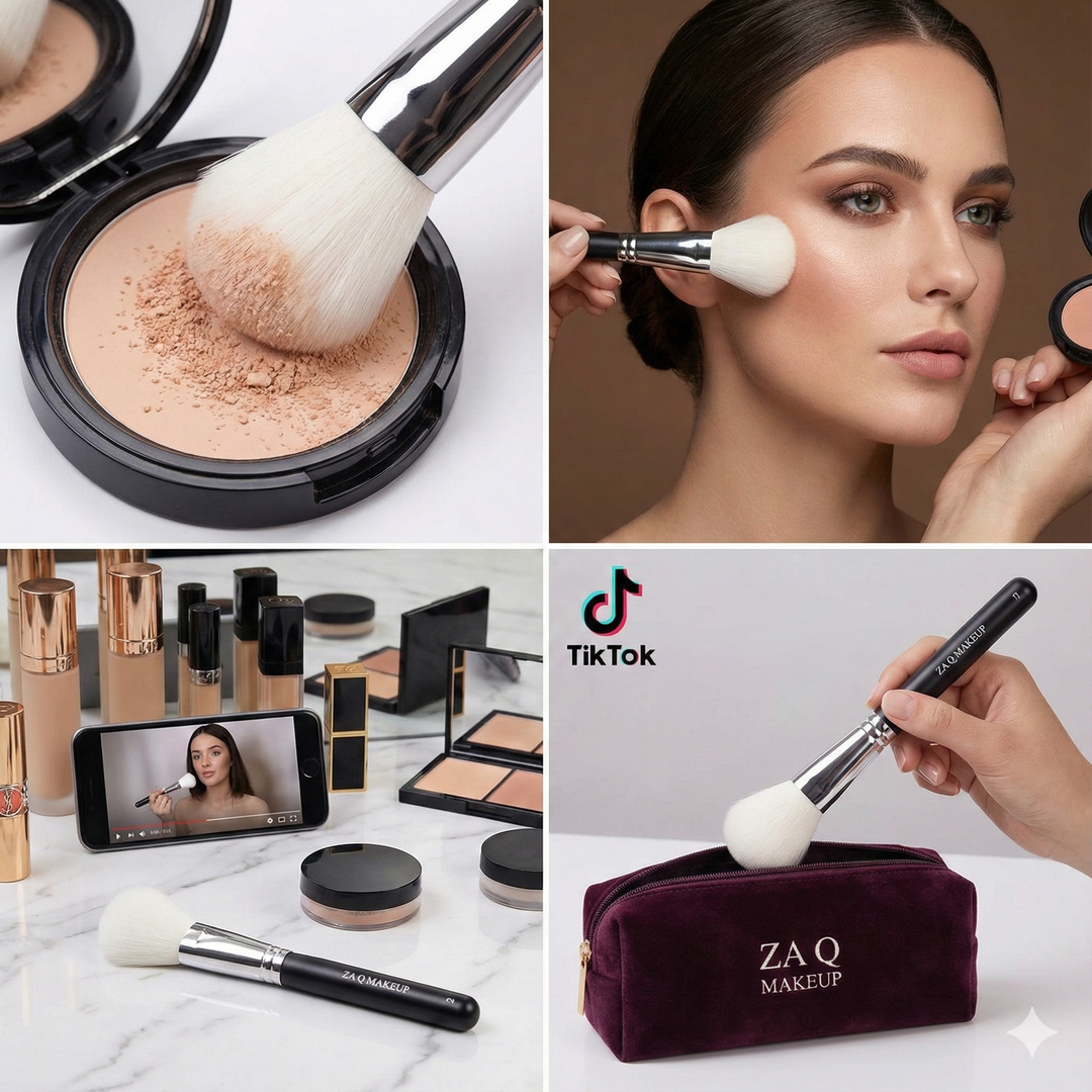 Collage of makeup products, application process, and TikTok branding.