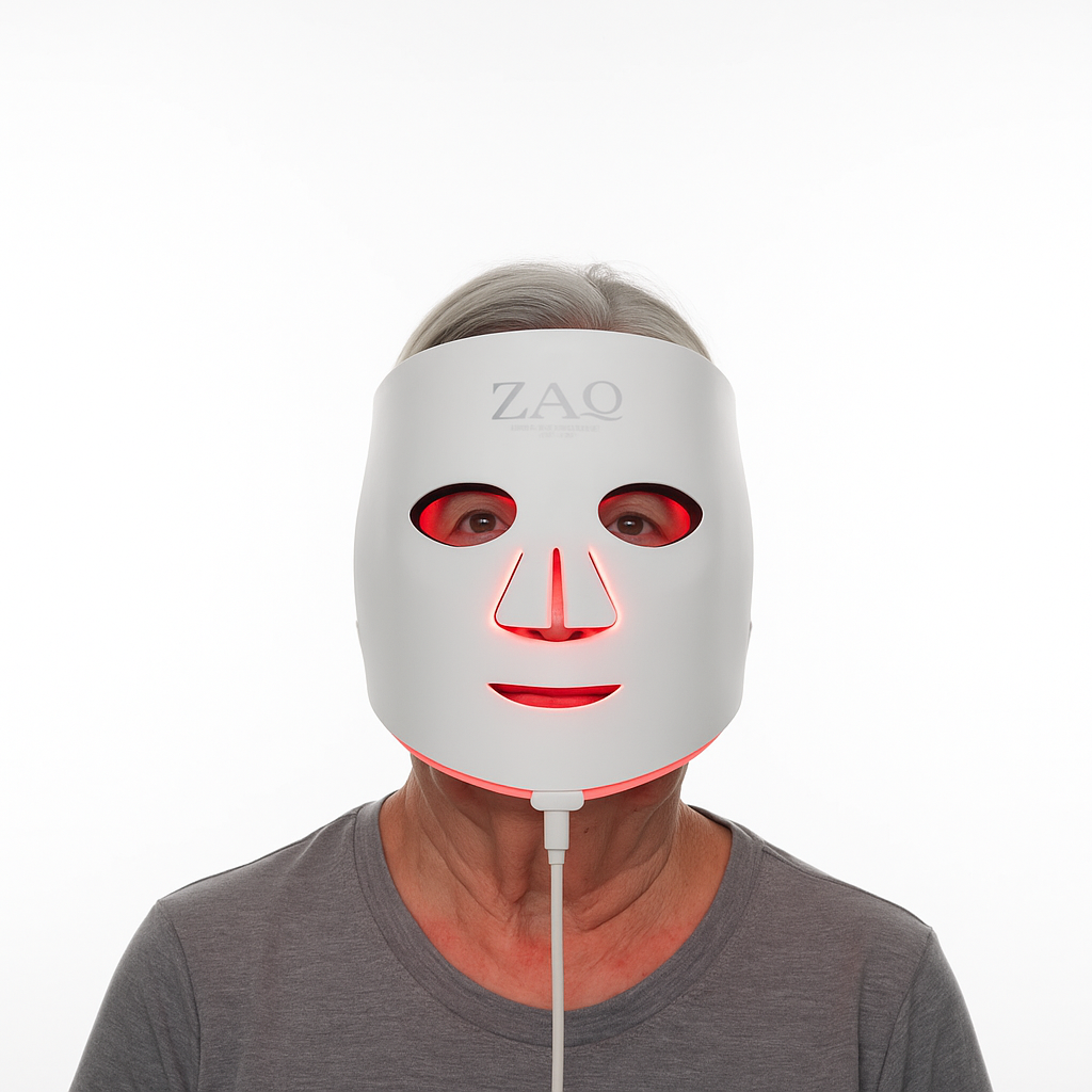 Person wearing a ZAO LED face mask on a white background