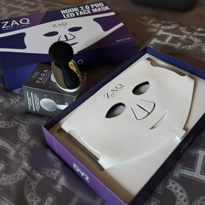 ZAO LED face mask packaging on a patterned surface
