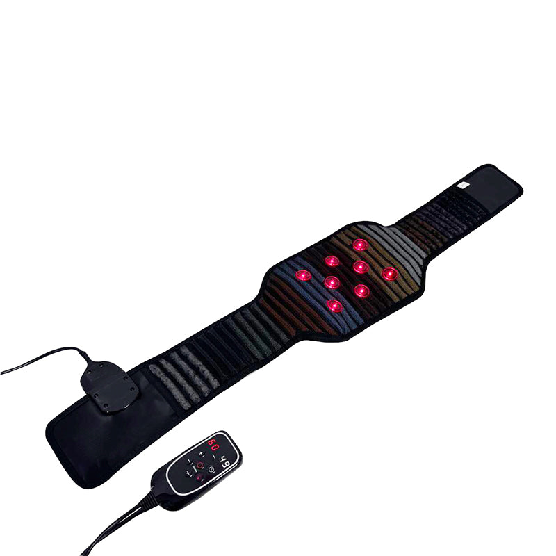 Black massage belt with red lights and control device on a white background