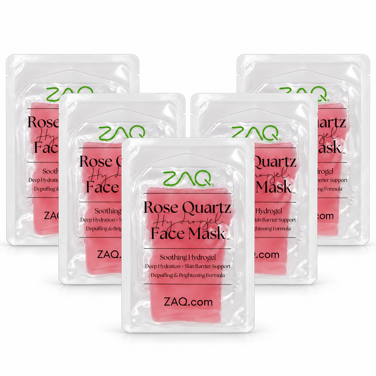 Five clear plastic sachets of ZAQ Rose Quartz Hydrogel Face Mask arranged in a fan shape on a solid white background.