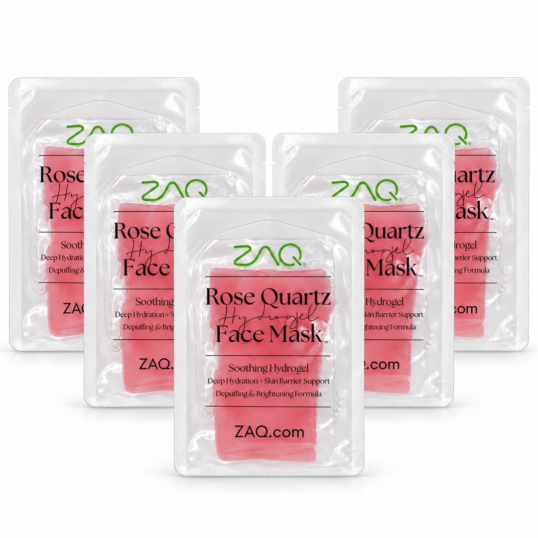 Five clear plastic sachets of ZAQ Rose Quartz Hydrogel Face Mask arranged in a fan shape on a solid white background.