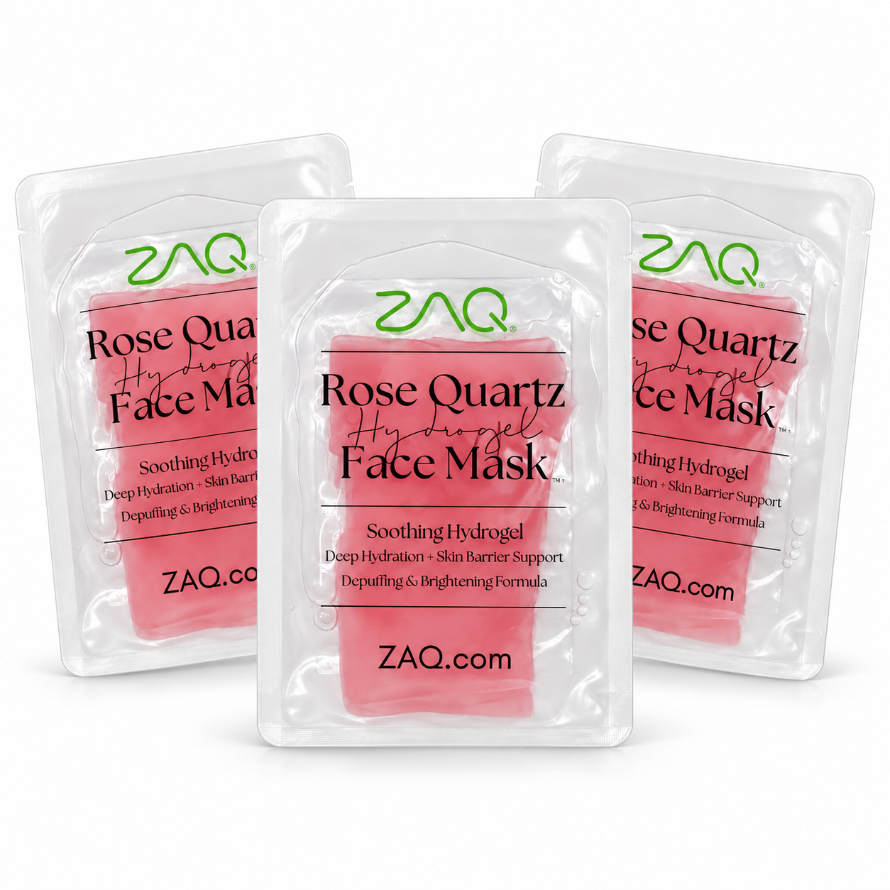 Three ZAQ Rose Quartz Hydrogel Face Mask sachets arranged in a triangle on a white background.