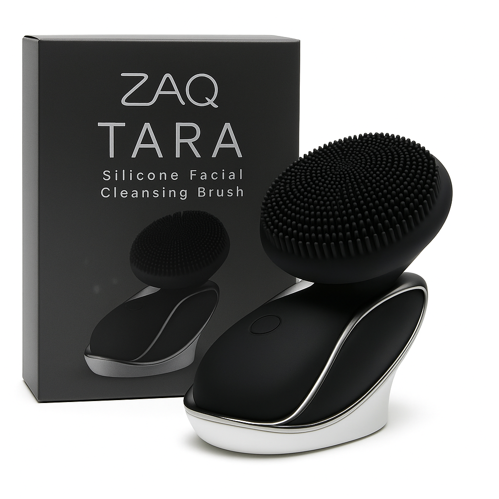 Black silicone facial cleansing brush with packaging labeled 'ZAQ Tara' on a white background