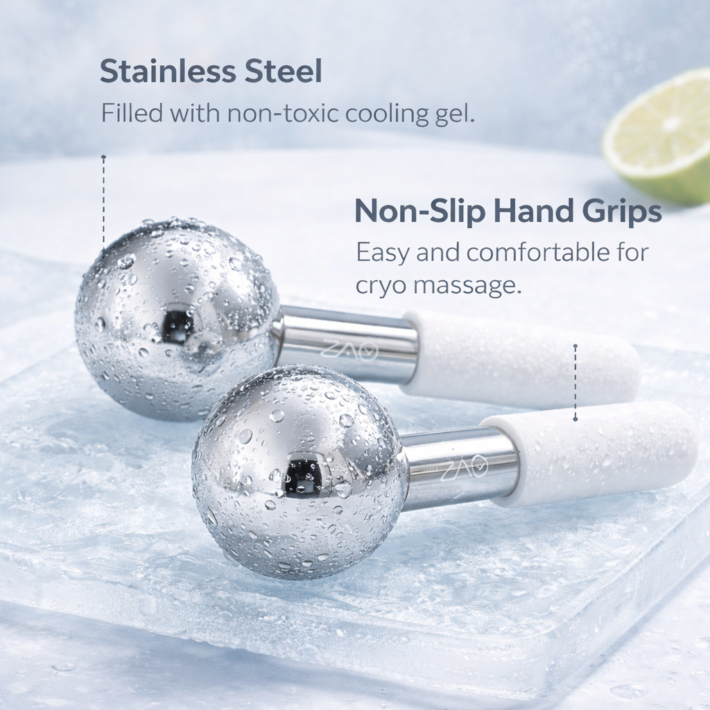 Two stainless steel cryo massage tools with non-slip hand grips on a light blue background.