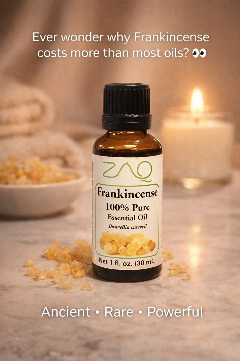 Bottle of ZAO Frankincense essential oil with frankincense resin and a candle in the background.
