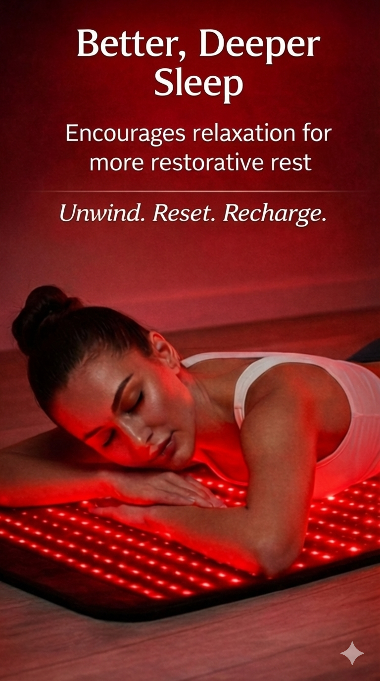 Woman lying on a red light pad with text about better sleep and relaxation.
