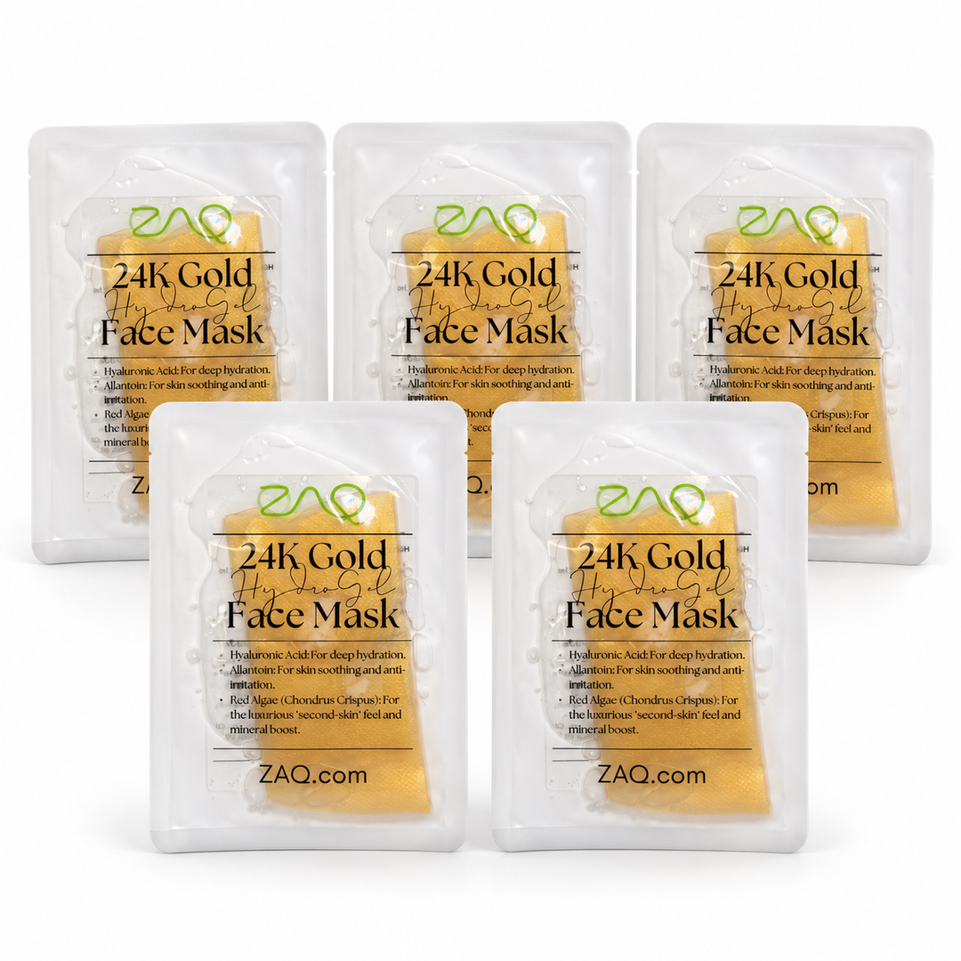 Five single-use sachets of ZAQ 24K Gold  Face Mask arranged on a white background, with three in the back and two in the front.