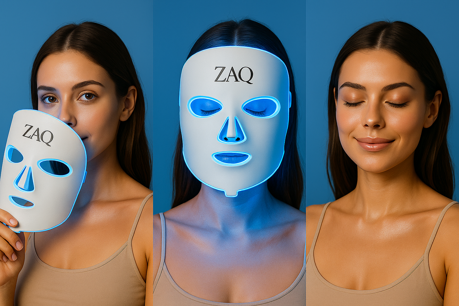 Woman holding a glowing blue LED face mask with 'ZAQ' branding, transitioning to a close-up of the mask, and then showing a serene expression.