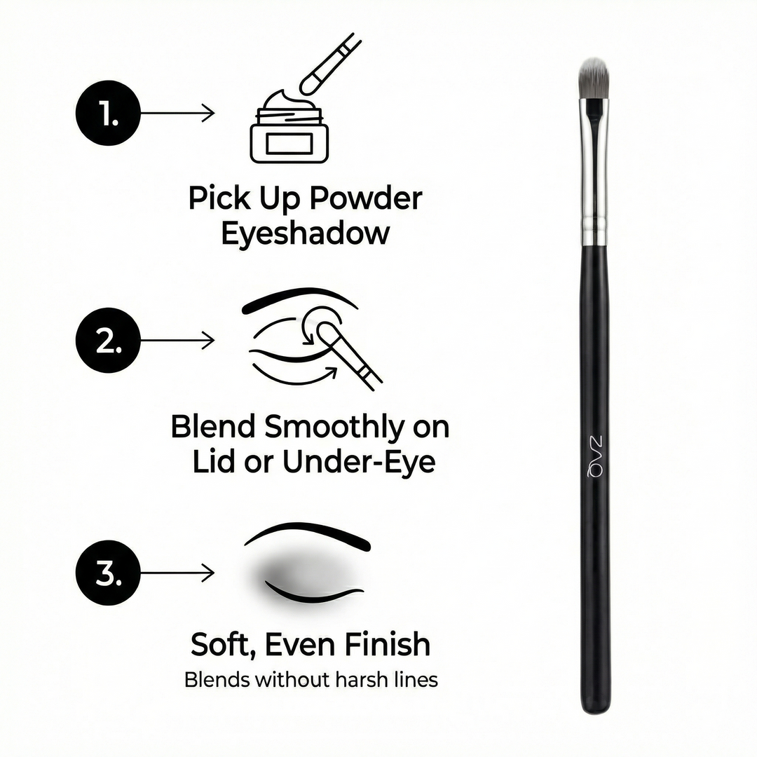 Makeup brush with instructions on how to use it for applying powder eyeshadow.