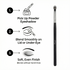Makeup brush with instructions on how to use it for applying powder eyeshadow.